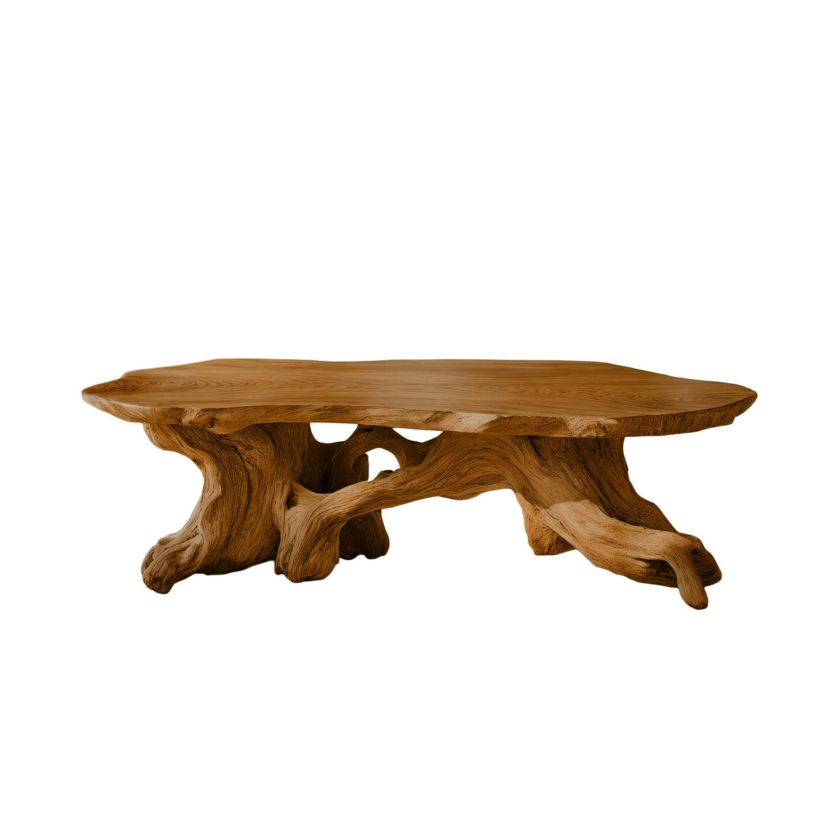 Live Edge Solid Wood Coffee Table with Root-Inspired Base in Brown finish