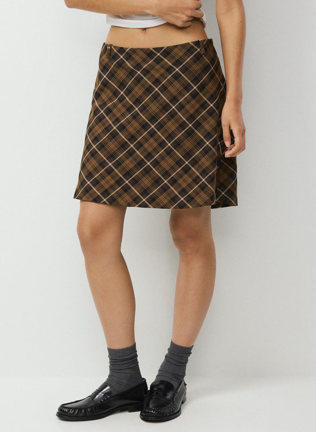 Low-Rise Knee-Length Twill Skirt - Navy Plaid