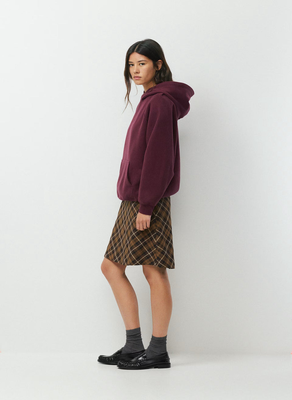 Low-Rise Knee-Length Twill Skirt - Navy Plaid