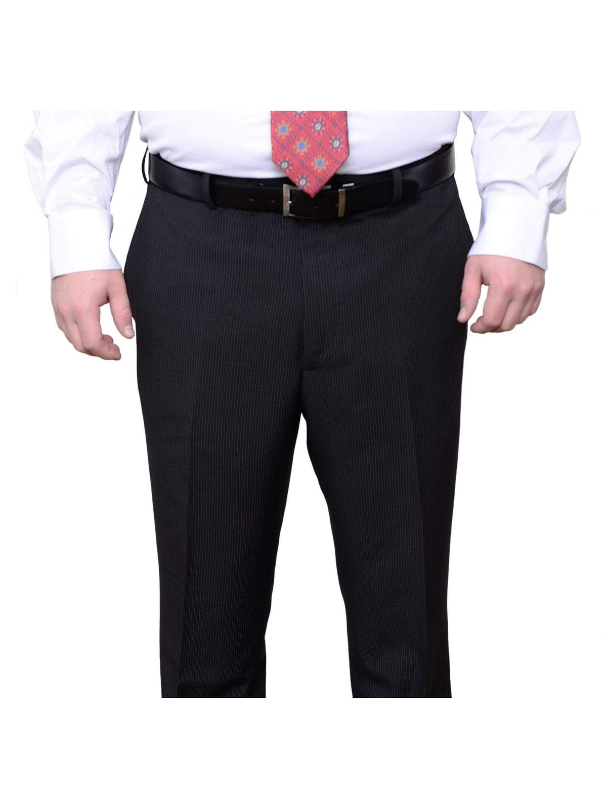 Men's Portly Fit Black Pinstriped Flat Front Washable Dress Pants