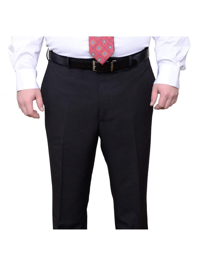 Men's Portly Fit Black Pinstriped Flat Front Washable Dress Pants