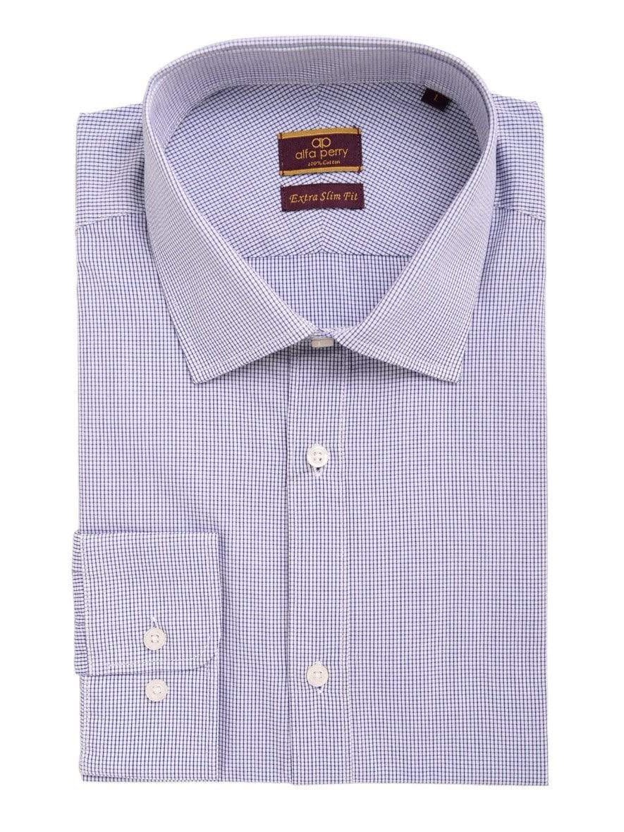 Men's Extra Slim Fit Blue Check Spread Collar Cotton Dress Shirt