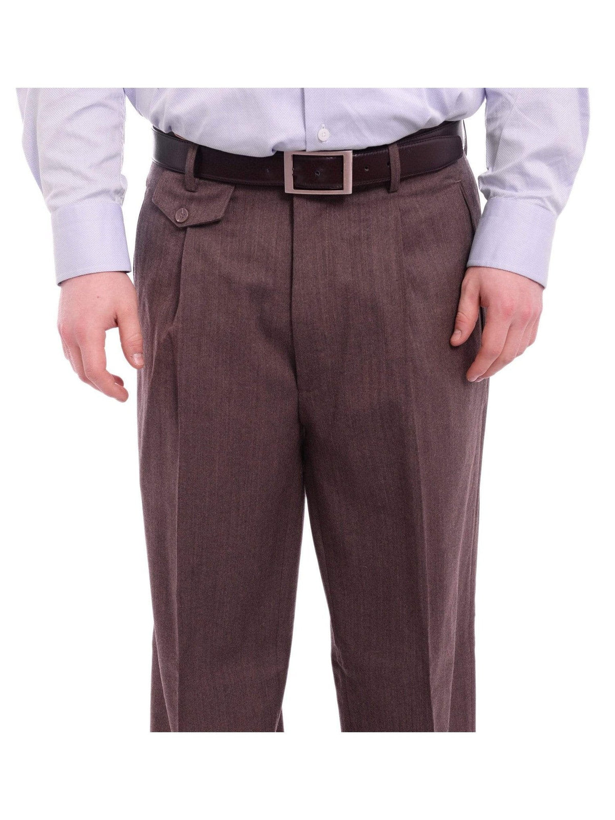 Men's Classic Fit Brown Herringbone Pleated Wide Leg Wool Dress Pants