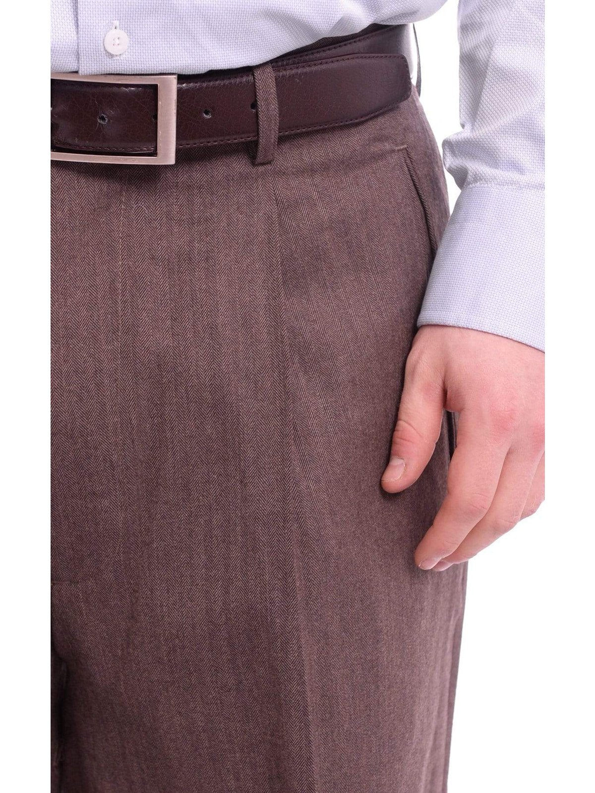 Men's Classic Fit Brown Herringbone Pleated Wide Leg Wool Dress Pants