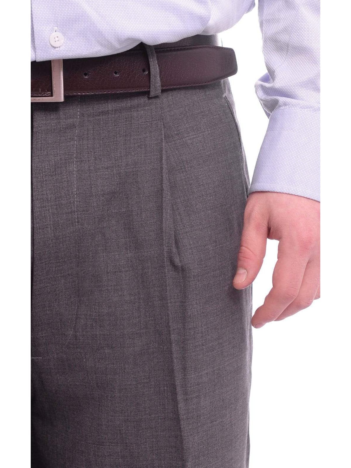 Men's Classic Fit Gray Heather Pleated Wide Leg Wool Dress Pants
