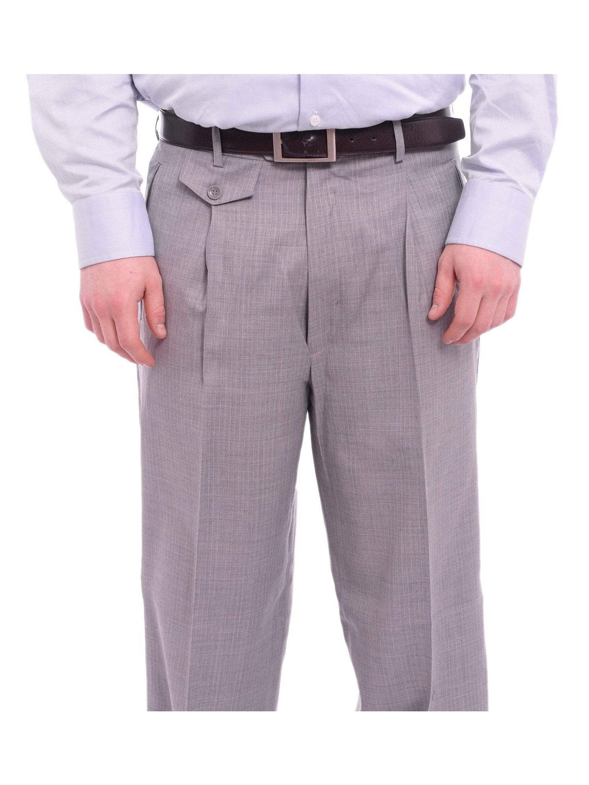 Men's Classic Fit Gray Pinstripe Pleated Wide Leg Wool Dress Pants