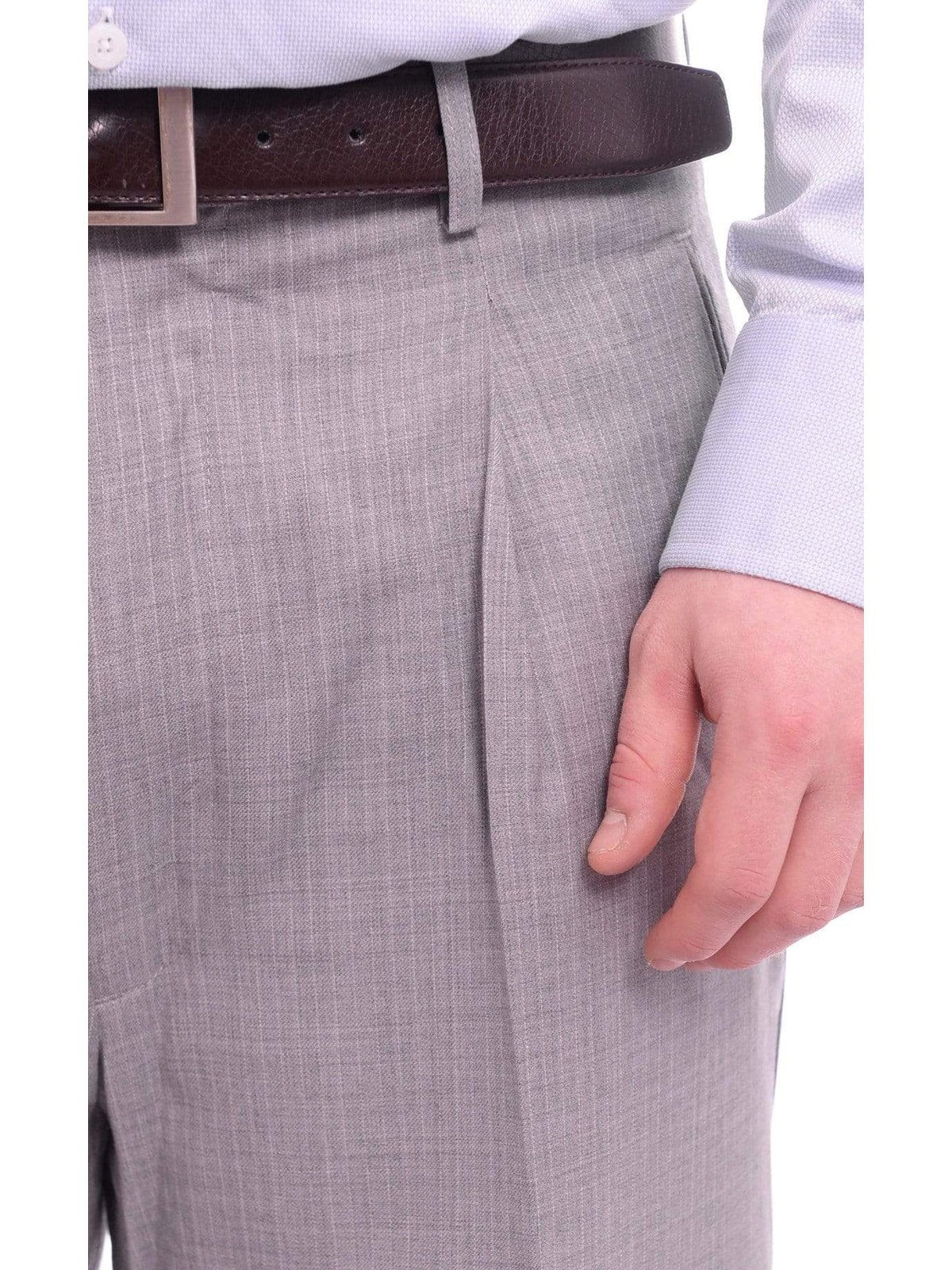 Men's Classic Fit Gray Pinstripe Pleated Wide Leg Wool Dress Pants