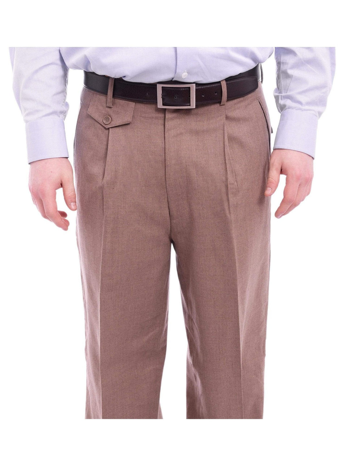 Men's Classic Fit Solid Taupe Single Pleated Wide Leg Wool Dress Pants