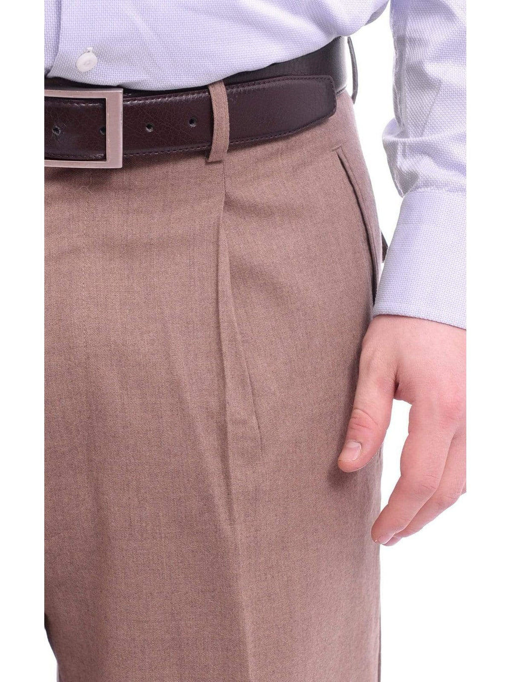 Men's Classic Fit Solid Taupe Single Pleated Wide Leg Wool Dress Pants
