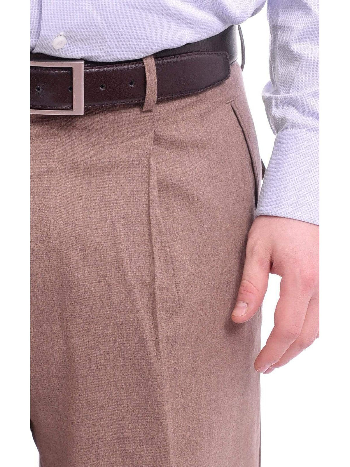Men's Classic Fit Solid Taupe Single Pleated Wide Leg Wool Dress Pants