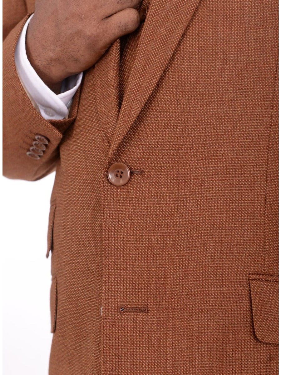 Men's Classic Fit Rust Brown Check 3-Piece Wool Suit Peak Lapels