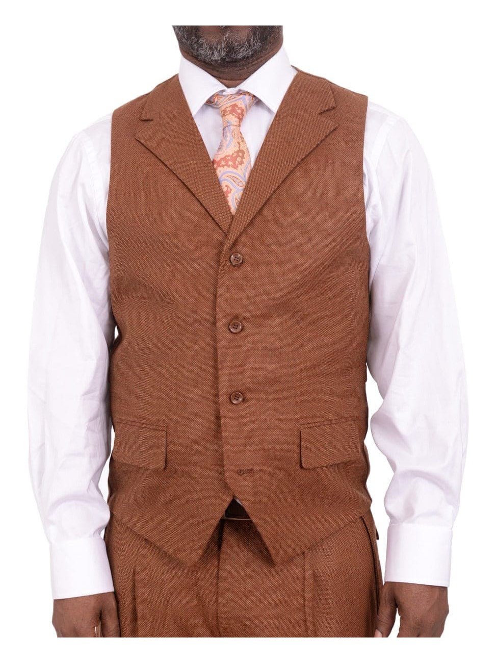 Men's Classic Fit Rust Brown Check 3-Piece Wool Suit Peak Lapels