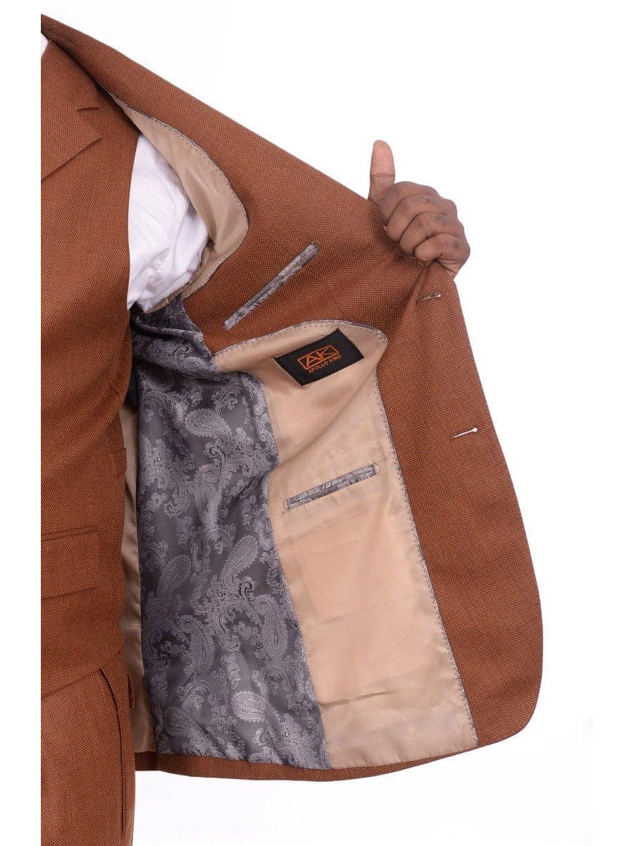 Men's Classic Fit Rust Brown Check 3-Piece Wool Suit Peak Lapels