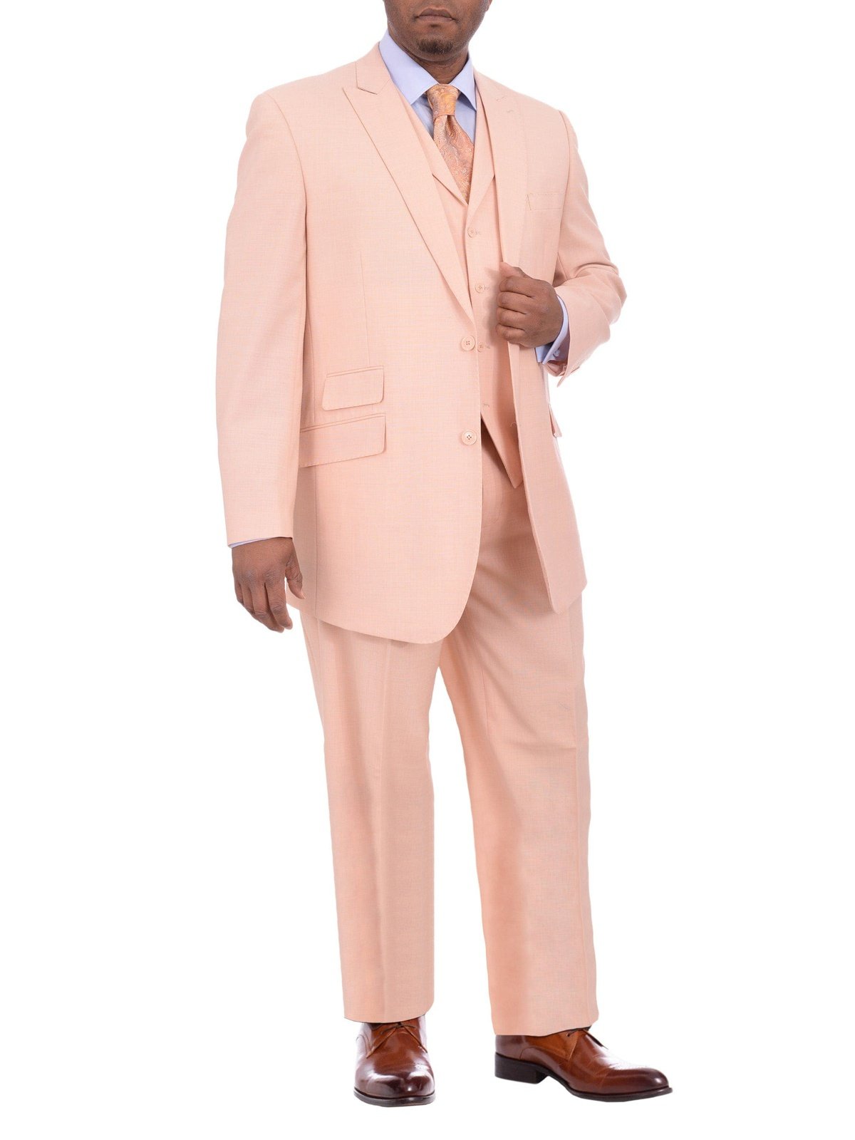 Men's Solid Peach 3-Piece Wool Suit Peak Lapels