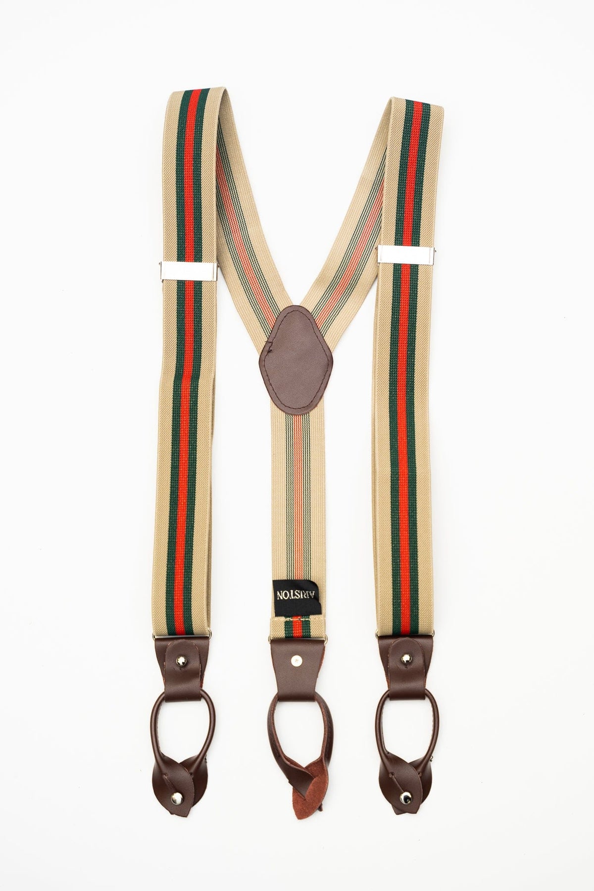 Men's Suspenders Beige Green And Red Stripes