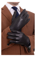 Men's Solid Black Touch Screen Leather Gloves