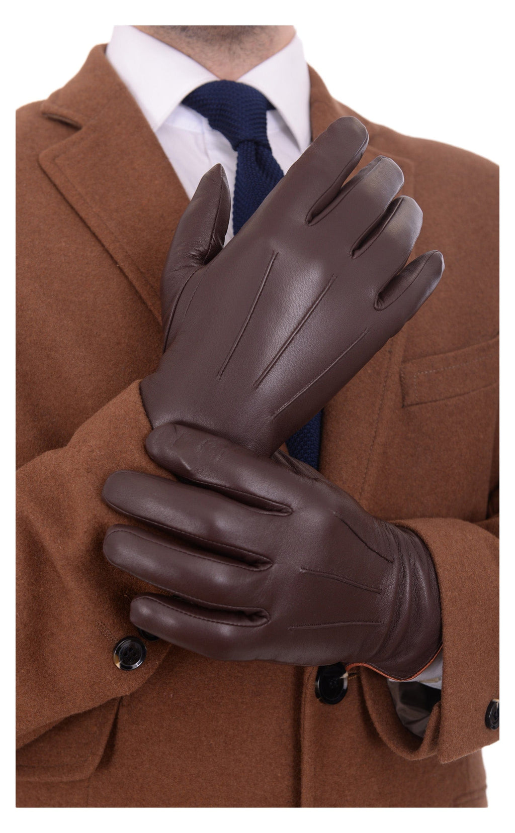 Men's Solid Brown Touch Screen Leather Gloves