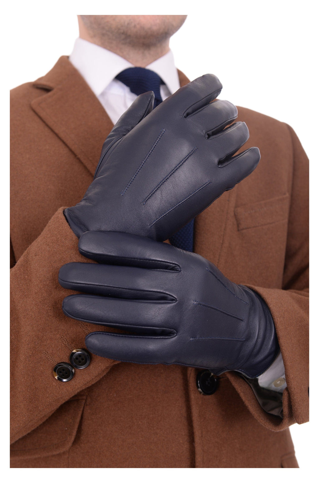 Men's Solid Navy Blue Touch Screen Leather Gloves
