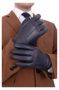Men's Solid Navy Blue Touch Screen Leather Gloves
