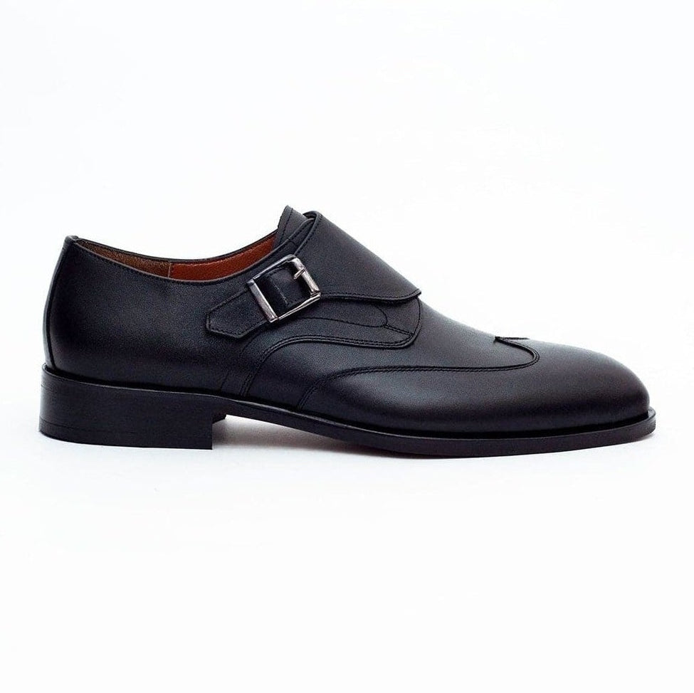 Men's Solid Black Single Monk Strap Leather Dress Shoes