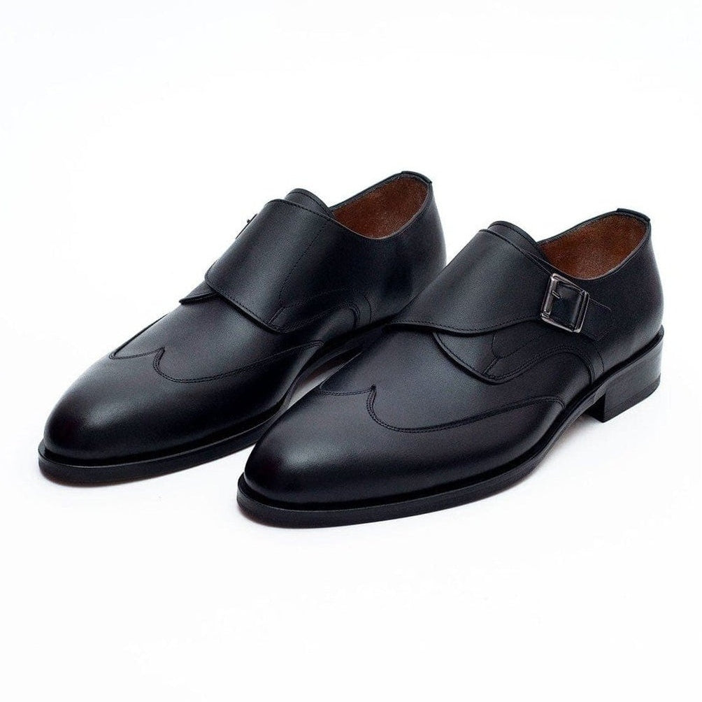Men's Solid Black Single Monk Strap Leather Dress Shoes