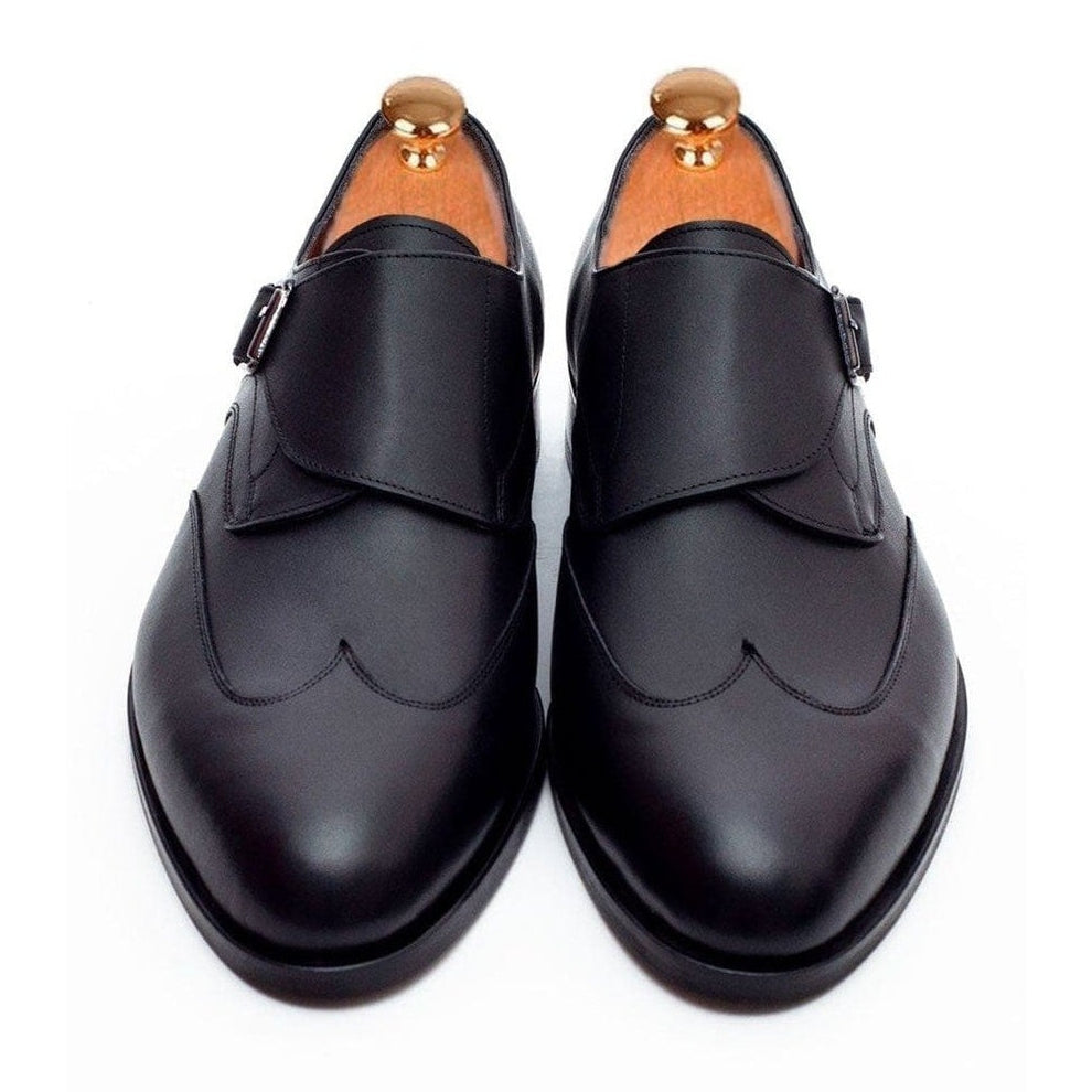 Men's Solid Black Single Monk Strap Leather Dress Shoes