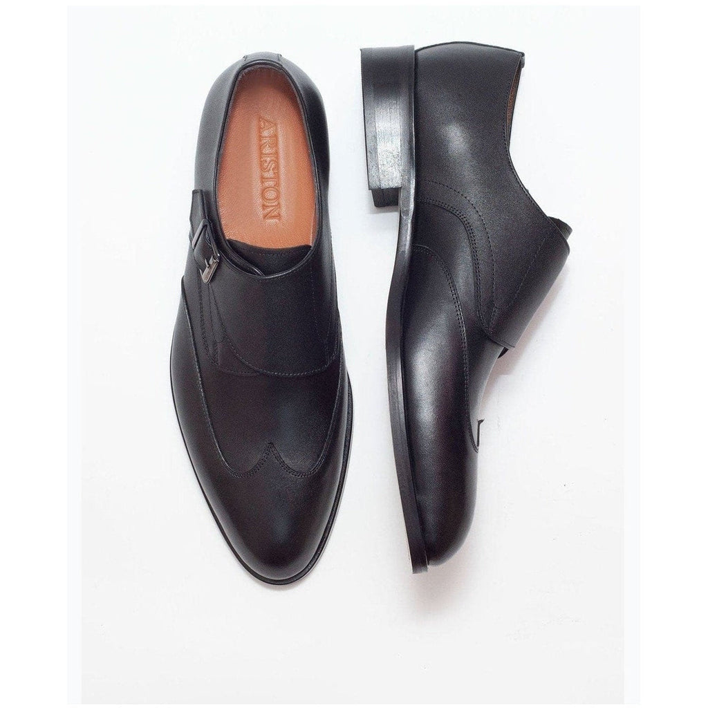 Men's Solid Black Single Monk Strap Leather Dress Shoes