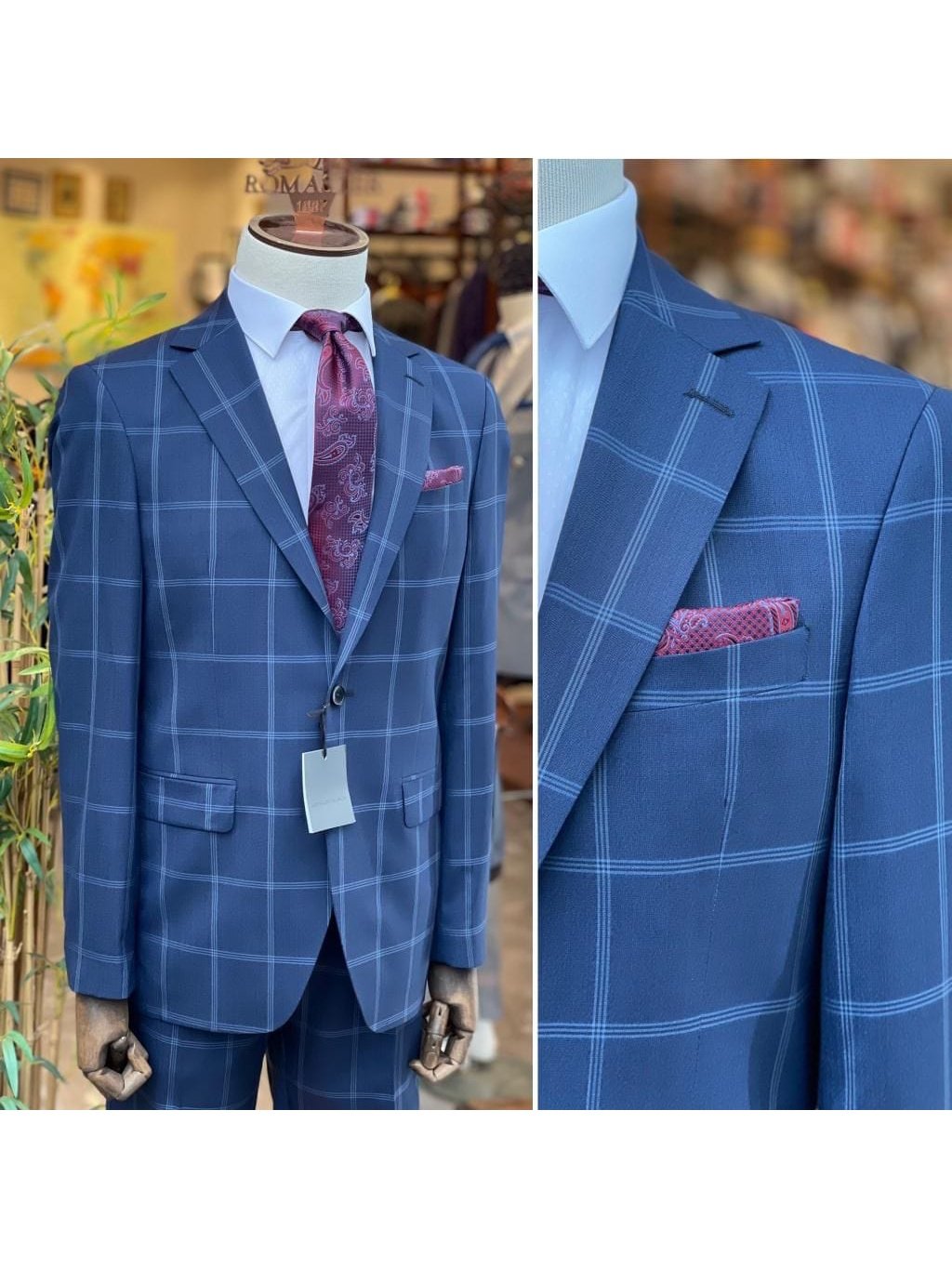 Men's Blue Check Slim Fit Wool Prehemmed Suit