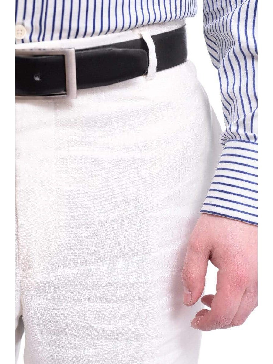 Men's Regular Fit Solid Ivory Flat Front Linen Dress Pants