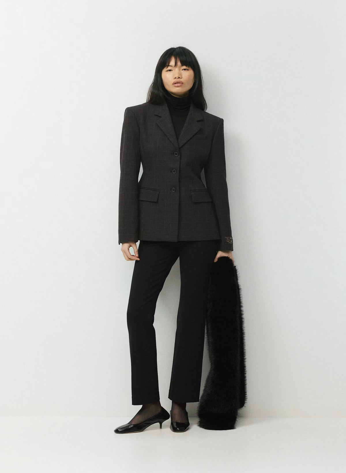 Single-Breasted Stretch Blazer - Brown Check