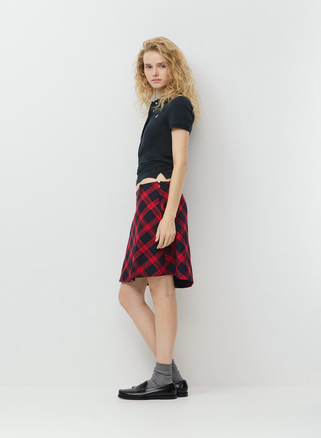 Low-Rise Knee-Length Twill Skirt - Navy Plaid