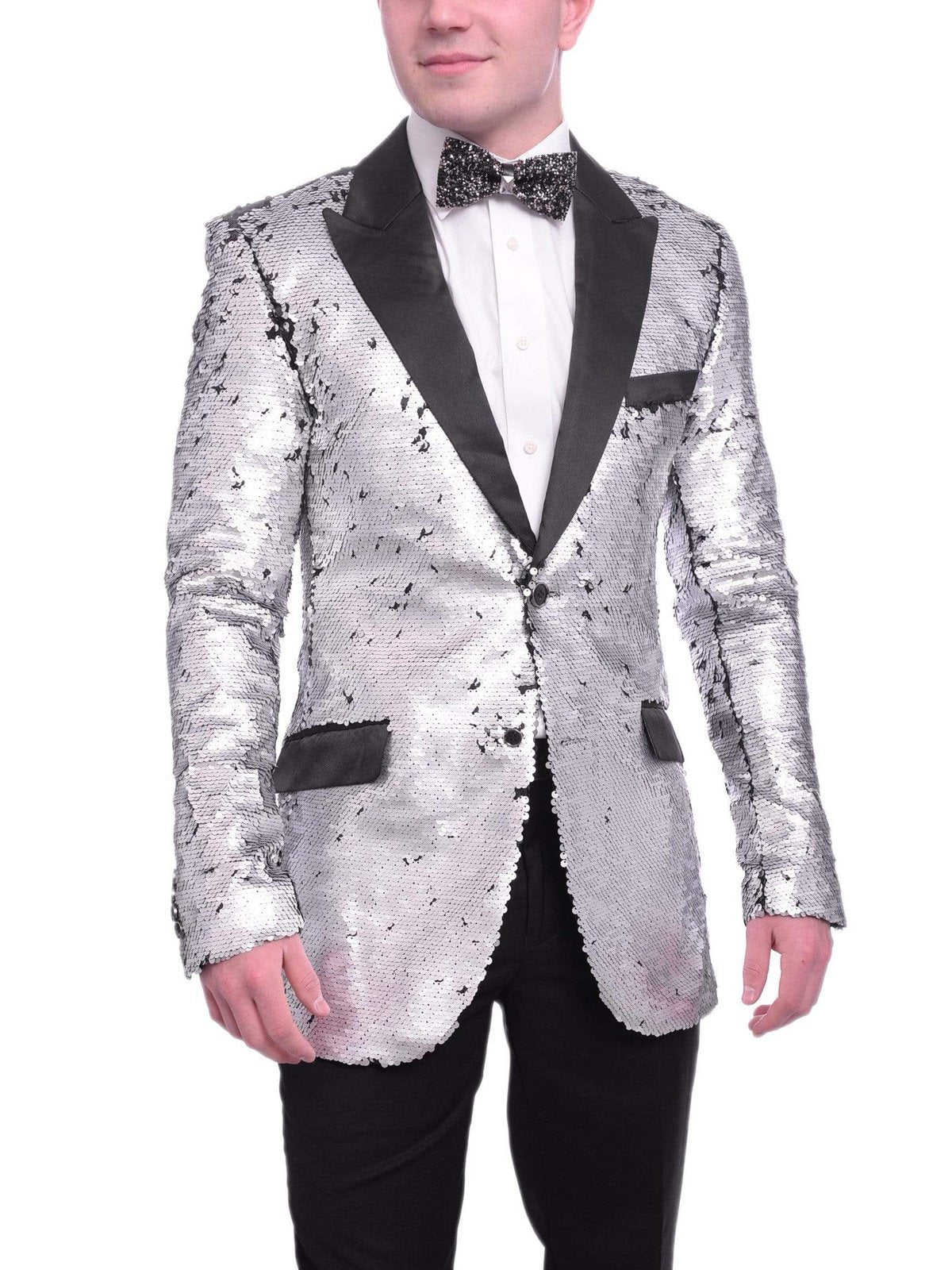 Men's Extra Slim Black Silver Sequin Blazer Sport Coat Satin