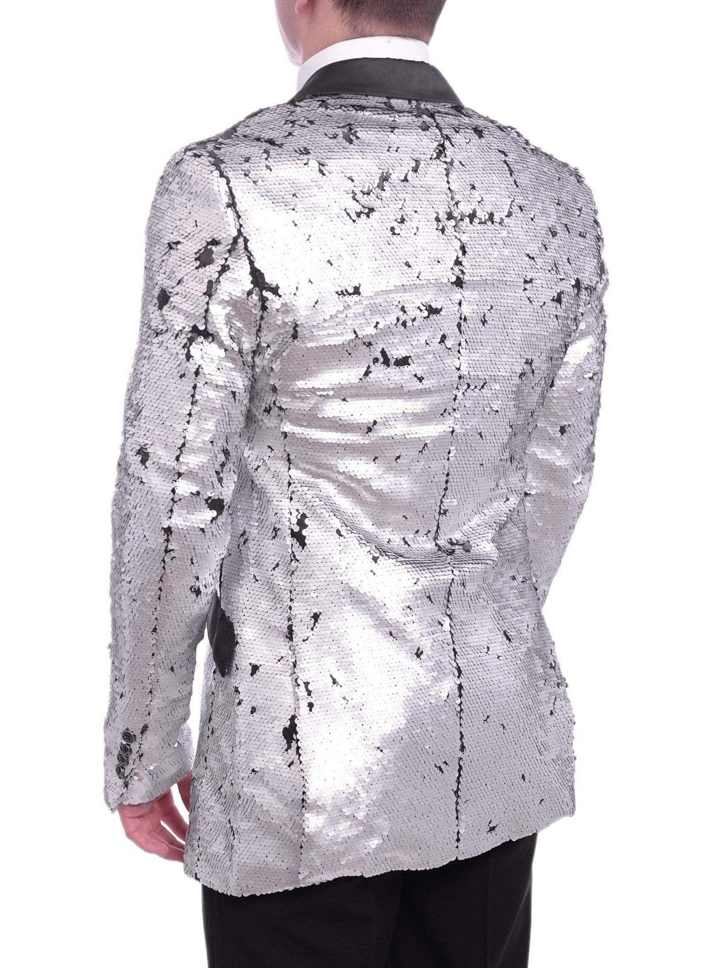 Men's Extra Slim Black Silver Sequin Blazer Sport Coat Satin