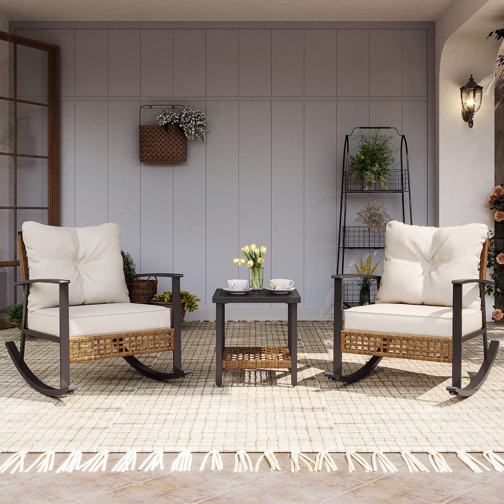 LAUSAINT HOME 3-Piece Rattan Rocking Bistro Set With 2-Tier Coffee Table, Beige