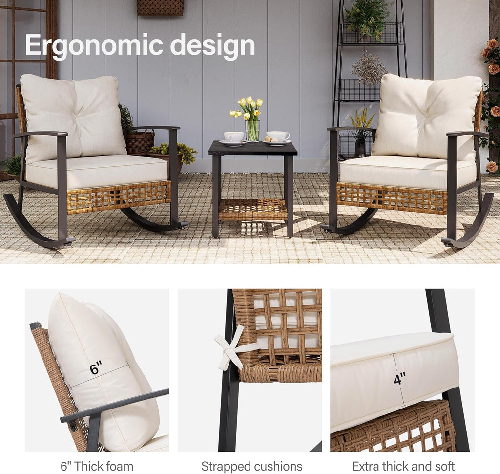LAUSAINT HOME 3-Piece Rattan Rocking Bistro Set With 2-Tier Coffee Table, Beige