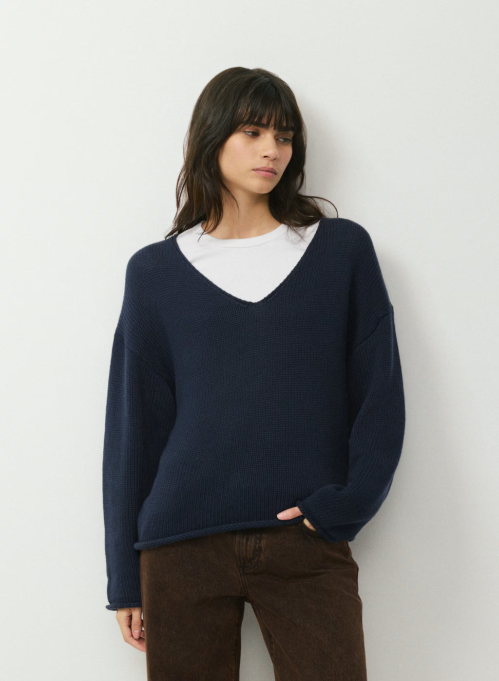 Cotton Cashmere Hip-Length Sweater - Navy
