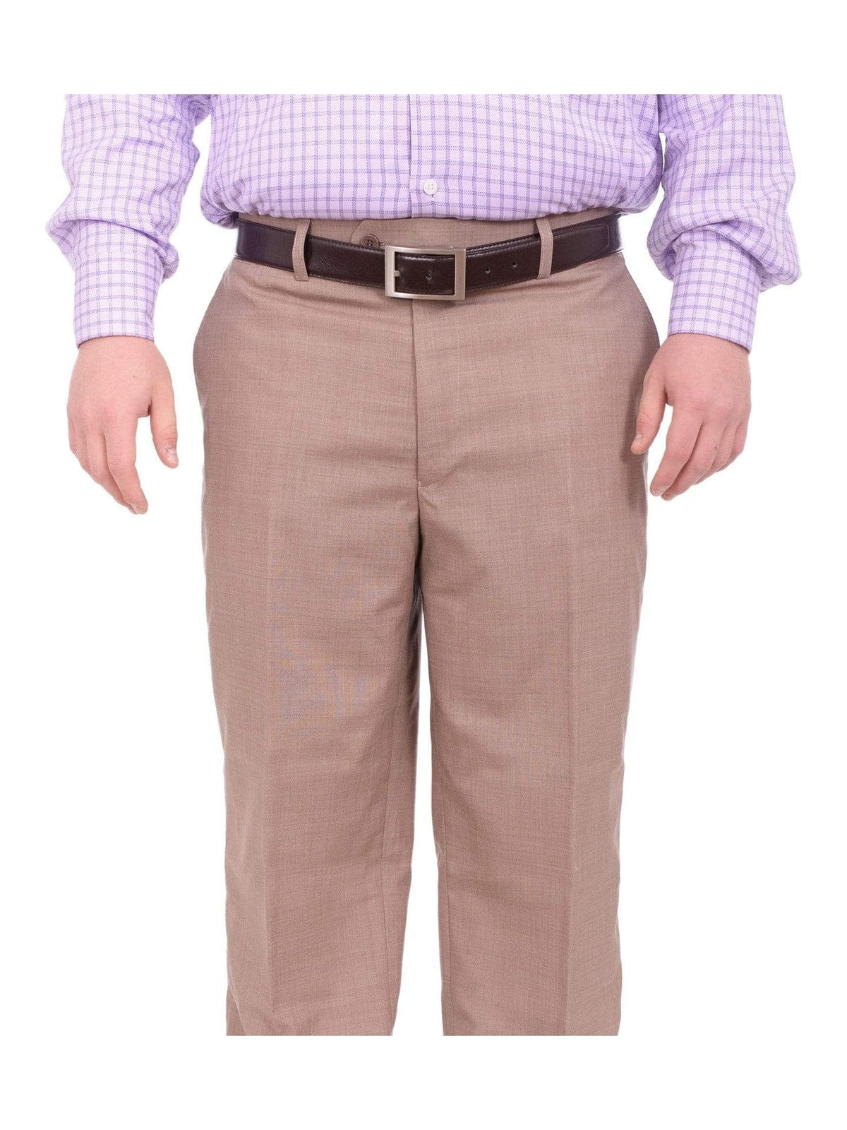 Men's Classic Fit Beige Textured Flat Front Wool Dress Pants