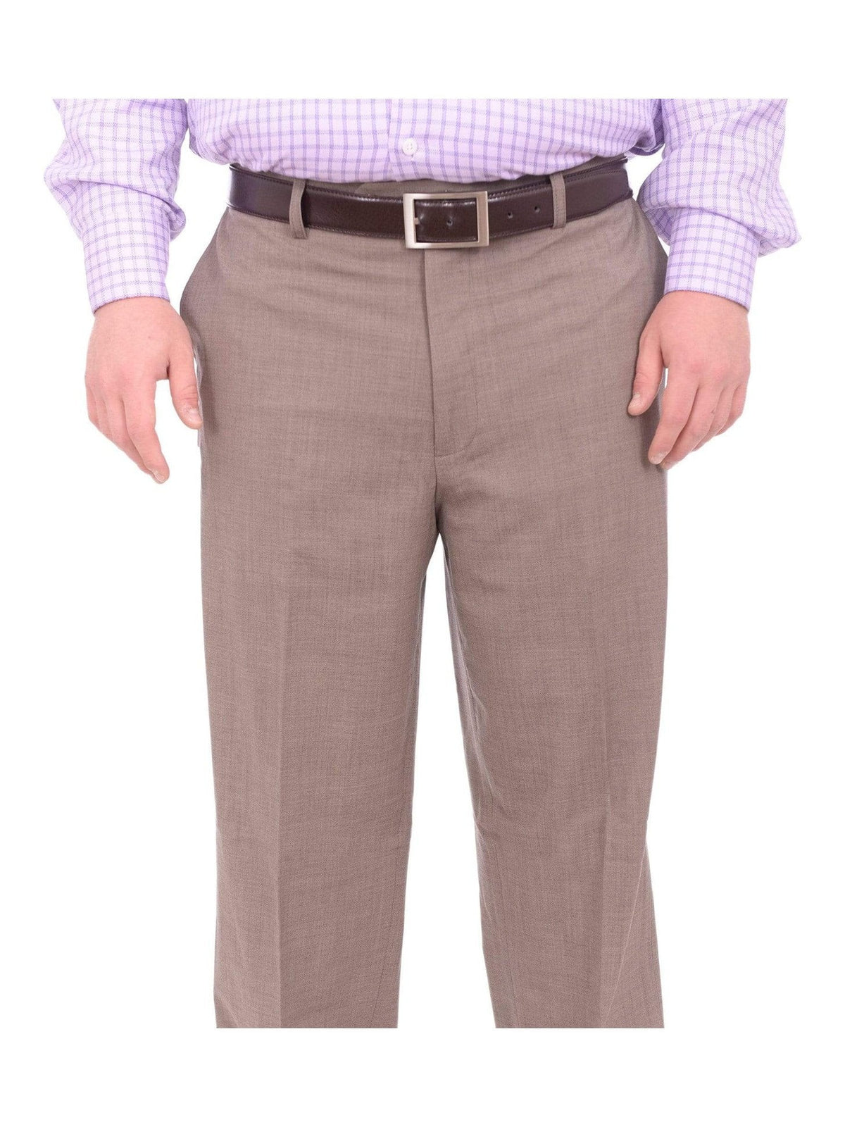 Men's Classic Fit Taupe Textured Flat Front Wool Dress Pants