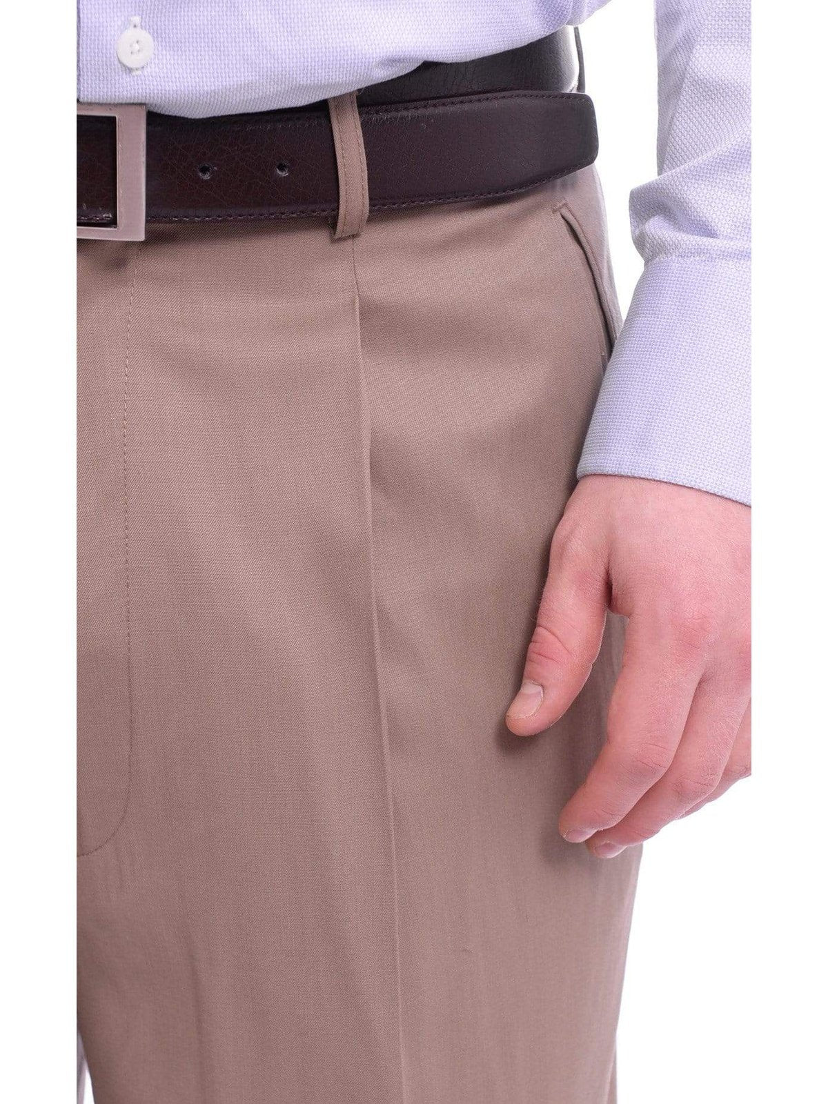 Men's Classic Fit Solid Beige Tan Pleated Wool Wide Leg Dress Pants