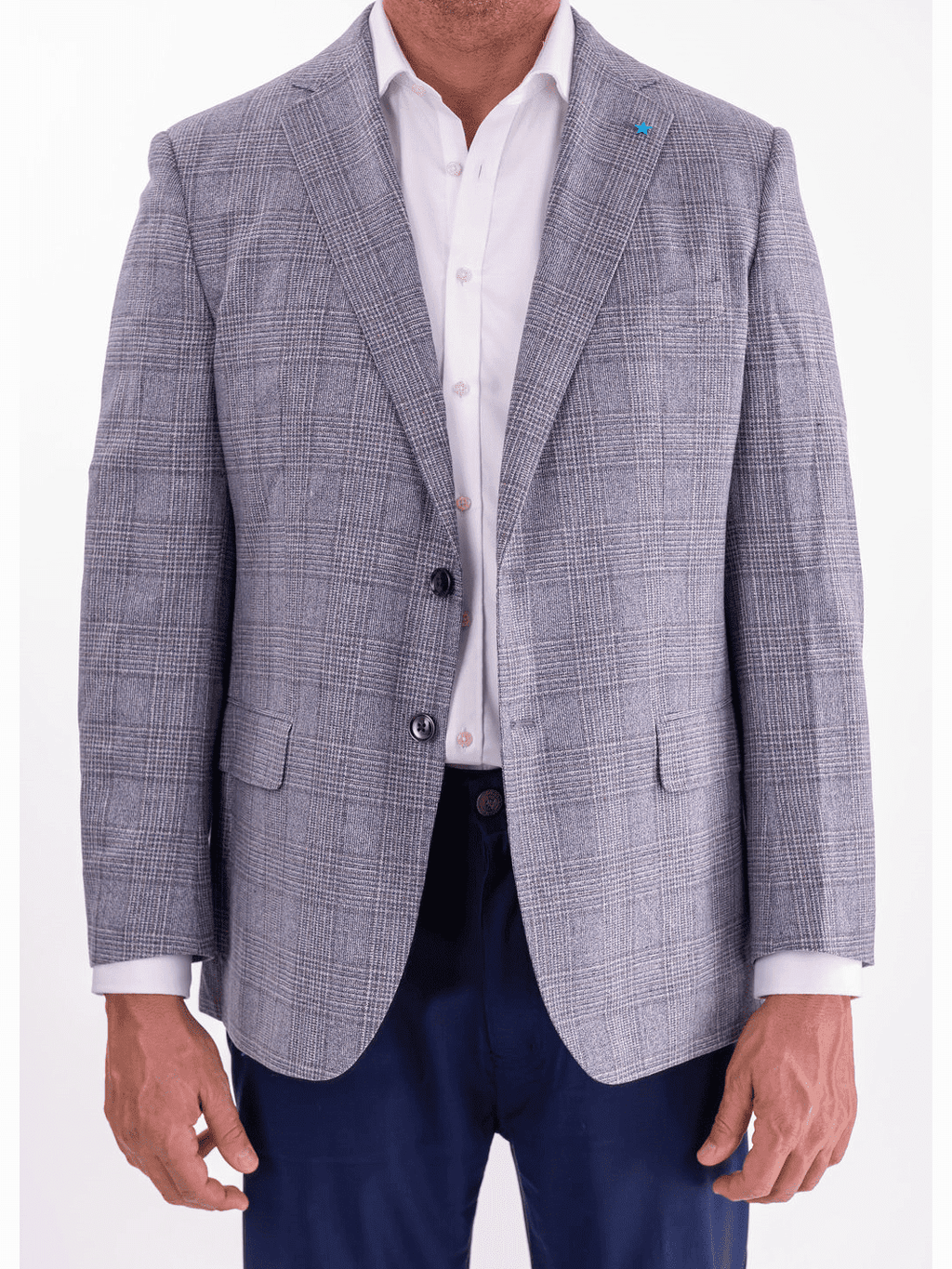 Men's Gray & Blue Plaid Classic Fit Silk Wool Blazer Sport Coat