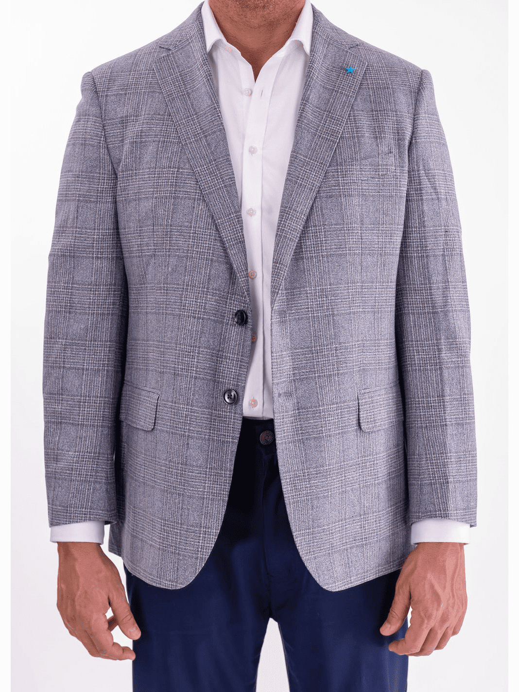 Men's Gray & Blue Plaid Classic Fit Silk Wool Blazer Sport Coat