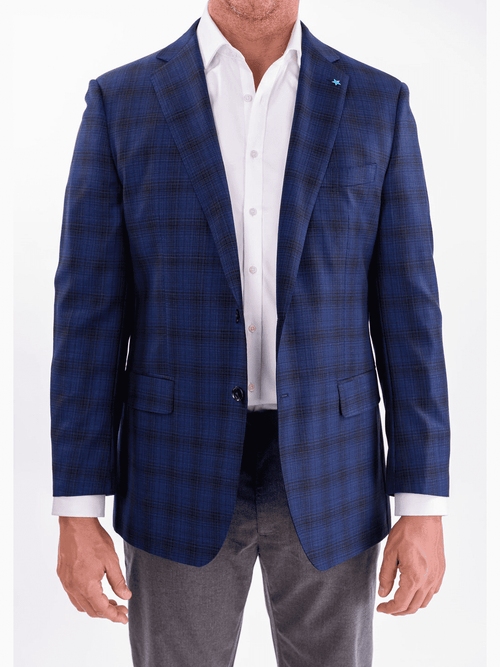 Men's Blue & Black Plaid Wool Regular Fit Blazer Sport Coat