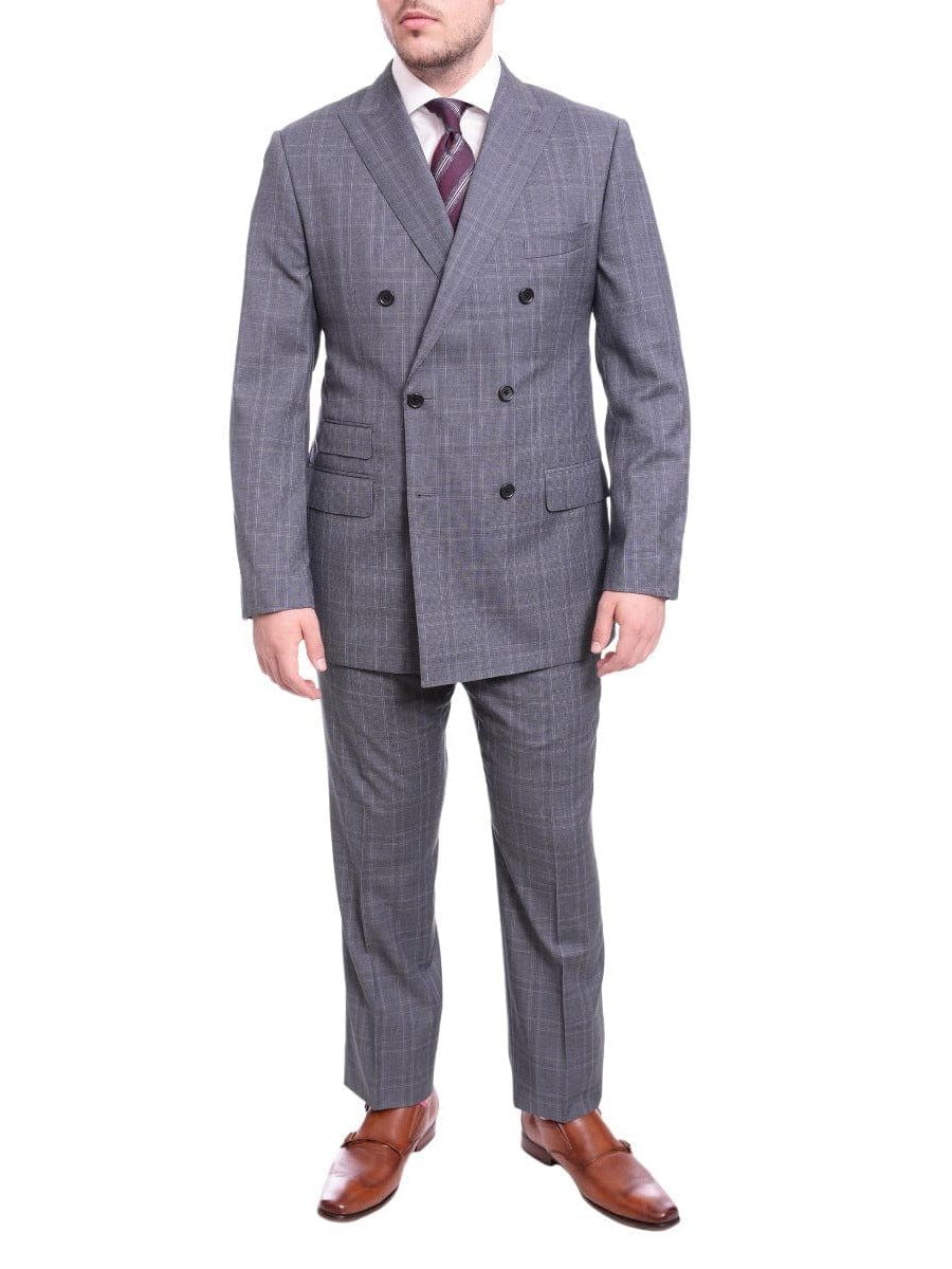 Men's Classic Fit Blue Plaid Double Breasted Half Canvassed Wool Suit