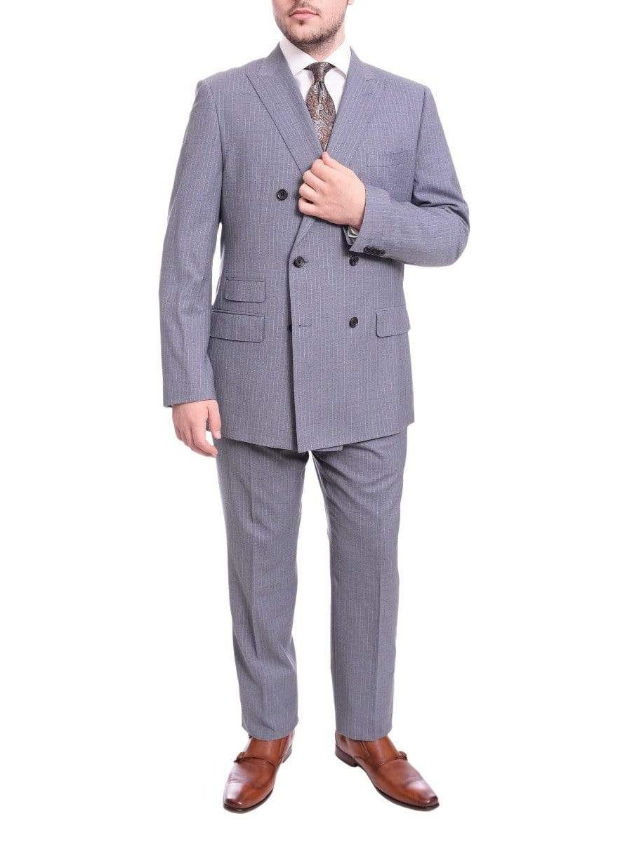 Men's Classic Fit Blue Tan Pinstripe Double Breasted Wool Suit