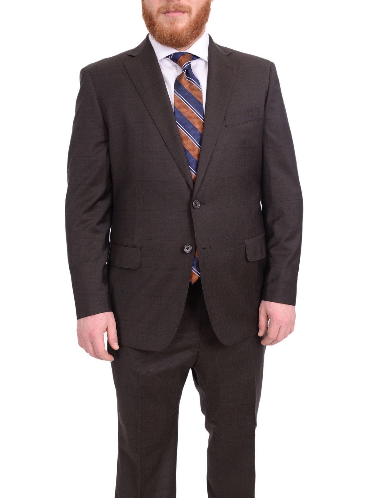 Men's Classic Fit Brown Windowpane Check Half Canvassed Wool Suit