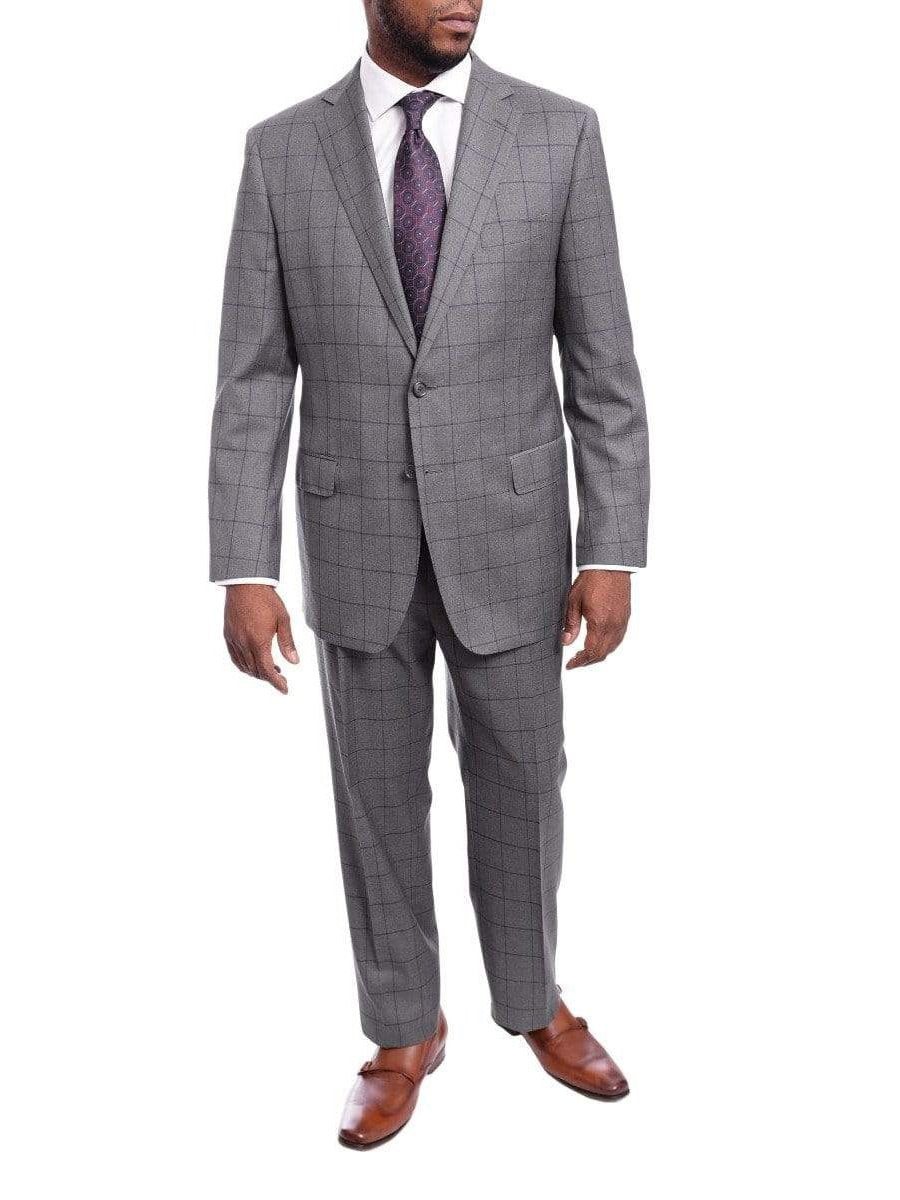 Men's Classic Fit Gray Plaid Windowpane Half Canvassed Wool Suit