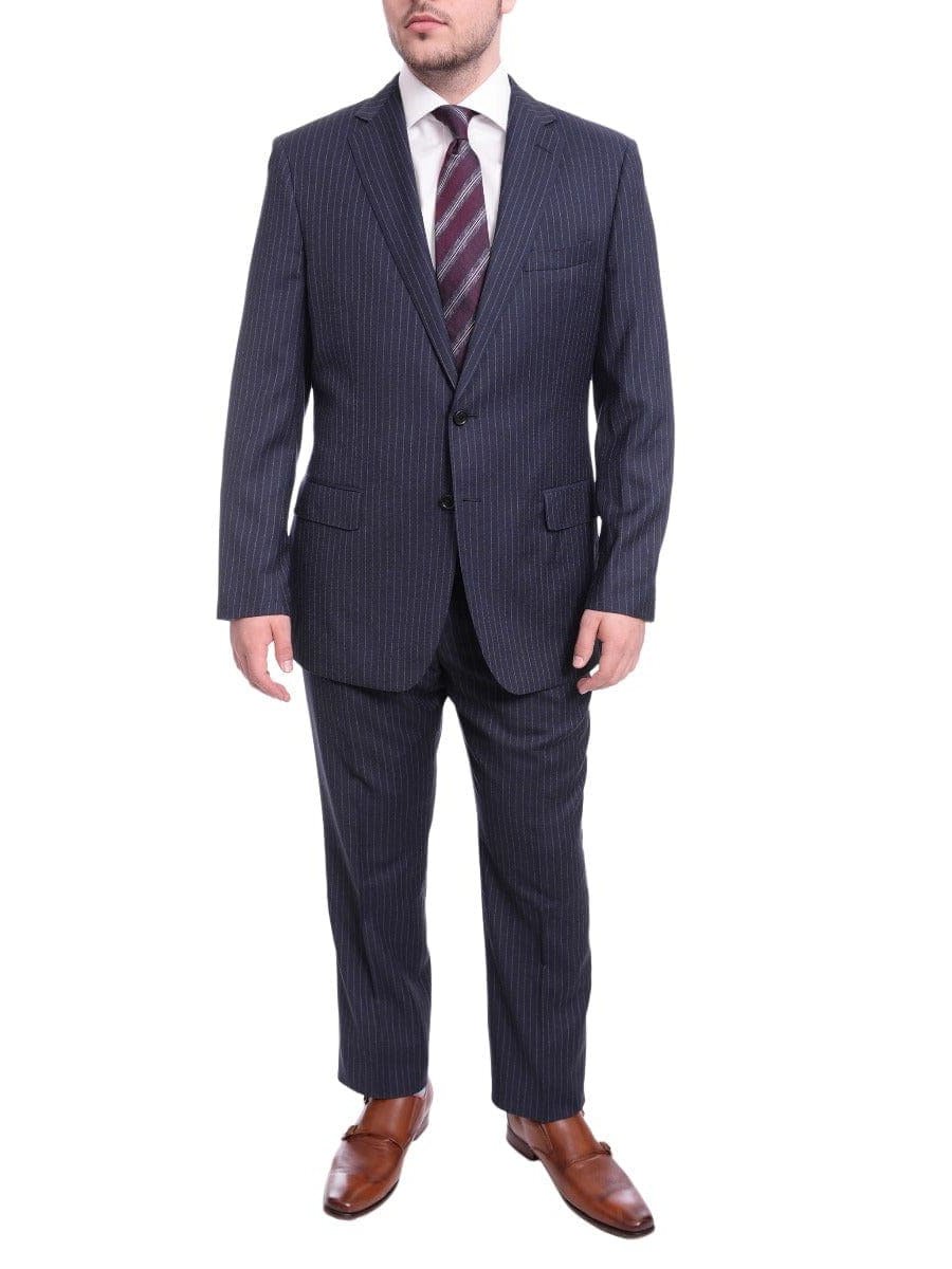 Men's Classic Fit Navy Blue Chalkstripe 2-Button Wool Suit
