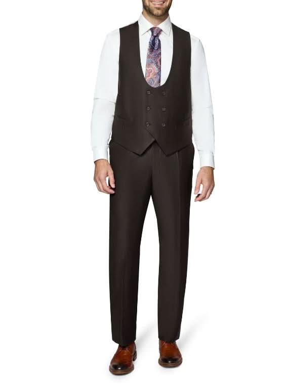 Men's Solid Brown Wool Classic Fit Vested Suit