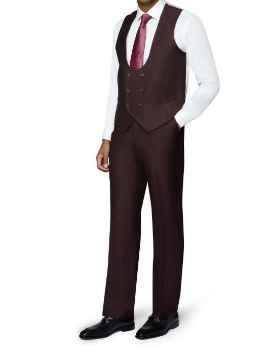 Men's Burgundy Wool Classic Fit Vested Suit Peak Lapel