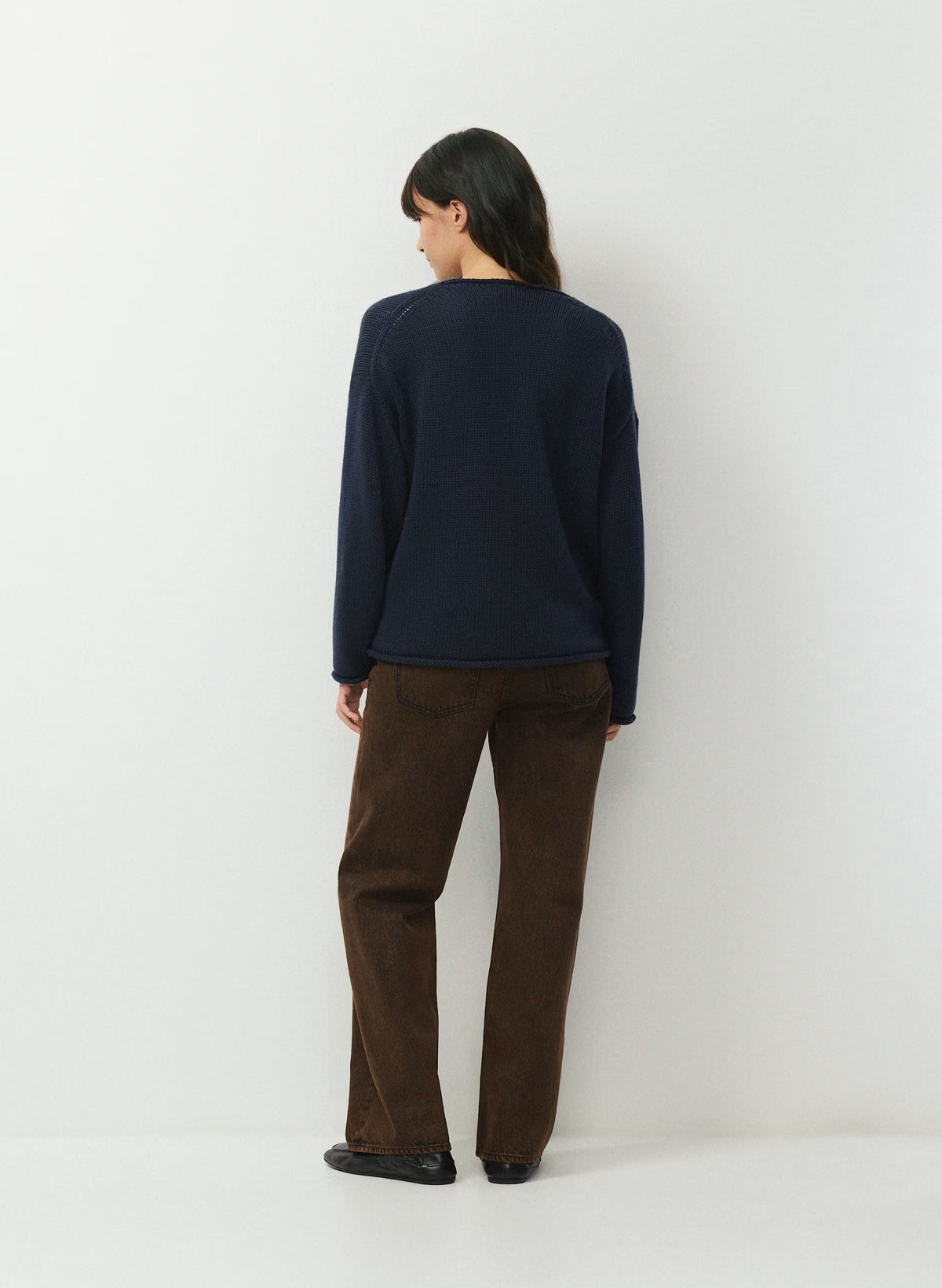 Cotton Cashmere Hip-Length Sweater - Navy